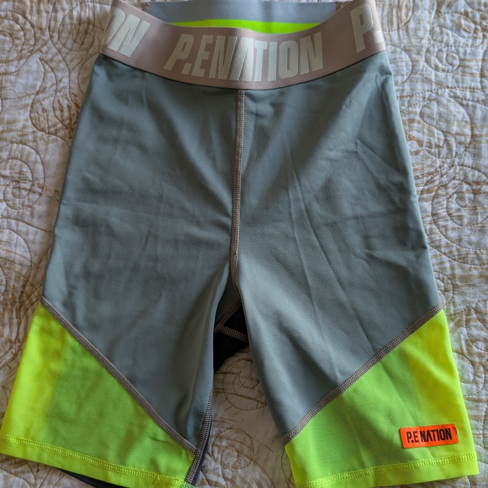 P.E Nation Athletic Shorts Gray and Green Performance Design